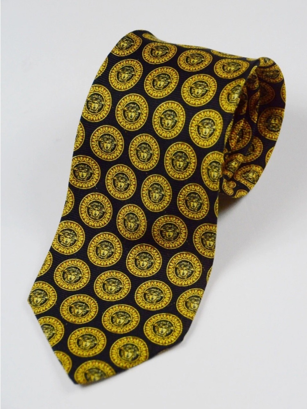 Gianni Versace Vintage 100% Silk Neck Tie Black Gold Baroque Medusa Italy